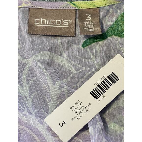 Chicos Open Front Sheer Cardigan Top Lavender Floral 3 Size 12 Large Tunic - Picture 3 of 3